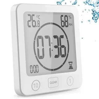 YiChZhe Badezimmer Wecker Badewannentimer‌,Wasserfest Digitale Badezimmeruhr, Baduhr Duschtimer mit Hygrometer und Thermometer,LCD-Display,Countdown Timer,für Dusche, Küche,Familienalltag-Weiß