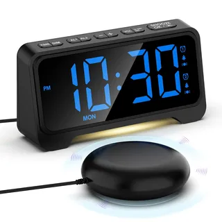 Wecker Extra Laut mit Bettschüttler, Vibrationswecker für Gehörlose Schlafzimmer Nachttisch, Großes Display mit Dimmer, Snooze, Wochenendmodus, Einstellbare Lautstärke & Helligkeit, Dual Alarm, DST