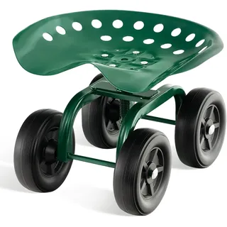 FANTASK Rollsitz mit Rollen bis 150 kg, höhenverstellbar 360 ° drehbar, Mobiler Gartensitz Outdoor Gartenhocker, Gartenrollsitz Metall, breite Reifen, Grün