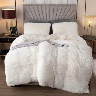 EMME Plüsch Bettwäsche Set 220x240cm Biber Flauschige Bettdecke Set für Bett Shaggy und Plüsch weiche Bettwäsche Bettbezüge und 2 Kissenbezug 80x80cm, Weiß