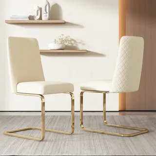Flieks Freischwinger 2er Set, Esszimmerstühle mit Golden Metallbeinen, Schwingstuhl Polsterstühle mit Samtbezug, Küchenstühle Wohnzimmerstühle, Beige - Beige