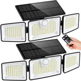 Lumisky Gleamax Solar-Spots, 3 Köpfe, schwarz, LED-Beleuchtung, leistungsstark, schwenkbar, mit Bewegungsmelder und Fernbedienung, ideal für Garten, Terrasse und Außenbereich, 2 Stück