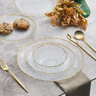 Karaca Milanda 12 Teiliges Glasgeschirr für 4 Personen, Servierteller, Kuchenteller, Schalen, Geschirr set Servierteller aus Glas, Tafelservice