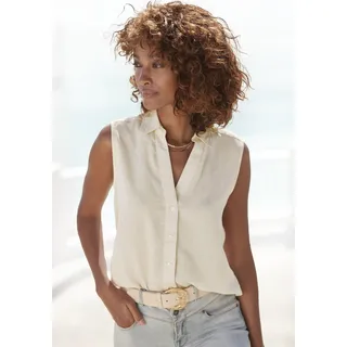 Blusentop LASCANA "aus softer Webware mit Leinenanteil mit V-Ausschnitt", Damen, Gr. 38, beige (natur), Web, Obermaterial: 58% Viskose, 28% Baumwolle, 14% Leinen, unifarben, figurumspielend hüftlang, V-Ausschnitt, Blusen Blusentop, Damenbluse ohne Ärmel, lockere Leinenbluse, Sommerbluse, Basic, Topseller