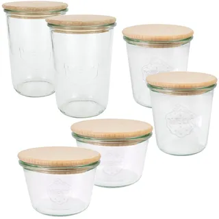 Weck Gläser Set (6 Einmachgläser, 2x 250 ml, 2x 500 ml, 2x 750 ml mit Holzdeckel, zum Einmachen/Aufbewahren von Lebensmitteln) 79213, Klar