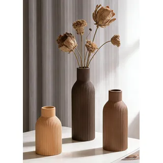 VASETOPIA Keramik Vase 3 Stück, Nordischer Boho Stil Blumenvasen Home Decor für Pampasgras, Bücherregal, Flur(Braun/Dunkelbraun/Orange)