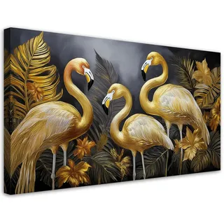 Feeby Leinwandbild Goldene Flamingos-Glamour-Vögel 80x40cm , Goldfarben , Textil , Tiere , Rechteckig , 80x40 cm , Bilder & Rahmen, Bilder, Leinwandbilder