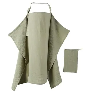 Dimoxii Musselin-Stillbezug und Stillschürze aus Baumwolle, Atmungsaktiver Nursing Cover mit Verstellbarem Bügel und Tasche, Stilltuch Stillschal Breastfeeding Cover für unterwegs (Matchagrün)
