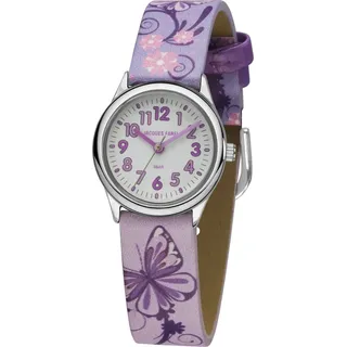 JACQUES FAREL Kinder-Armbanduhr Analog Quarz mit Lederimitatband Schmetterlinge Blumen Lila Rosa Flieder HCC 435