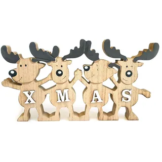 Deko Aufsteller 4 Rentier Freunde Xmas 26 x 13 cm Groß, Holz Natur Braun, Landhausstil Holzufsteller Dekoschild Elch Elchreihe Winterdeko