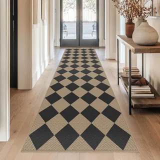 Capslpad Teppich Läufer Flur 80x300cm Waschbar Teppichläufer, Raute-schwarz | Rutschfest Küchenteppich Jute Aussehen Teppich Küchenläufer Korridor läufer Flur Küche,Schlafzimmer, Balkon