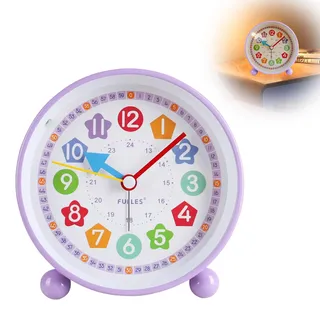 Herbst Kinder Wecker, Kinderwecker Analog Ohne Ticken Lernwecker mit Nachtlicht Wecker Kinder mit Sanfter Weckklingelton Schulanfänge Geschenke für Mädchen Jungen Batteriebetriebene (Ohne Akku) - Lila
