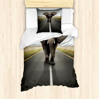 ABAKUHAUS Elefant Mantele, Wildtier auf dem Highway, Milbensicher Allergiker geeignet mit Kissenbezügen, 135 cm x 200 cm - 80 x 80 cm, Schwarz Cocoa Grau - Schwarz