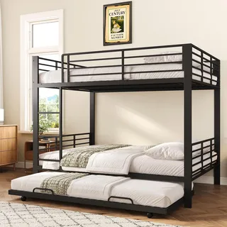 FAVSH Etagenbett 140x200 cm für 3 Personen aus Metall, Hochbett mit Rausfallschutz und Leiter, Geräuscharmes Doppelbett, rutschfest, für Jugendliche und Erwachsene, WG & Ferienwohnung, Schwarz B