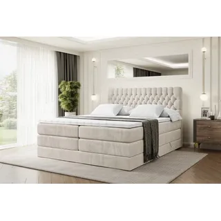 altdecor Boxspringbett mit 2 Matratzen und Topper - 200x200 cm - SERENE KING - Creme Samt - Polsterbett mit, H3- und H4- Matratzen, Bettkasten und Lattenrost, Bett mit Stauraum - Creme