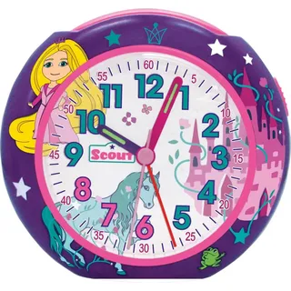 Scout Wecker analog mit pinkem Gehäuse Serie "Pics" mit Lernziffernblatt und Pferde und Schloß-Motiven - Lila