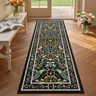 TUKDAK Teppich Läufer Flur rutschfest 60x180cm, Schwarz Waschbar Tiere Teppichläufer Flur, Boho Wald Küchenläufer, Kurzflor Küchenteppich, Flurteppich Läufer Lang Wohnzimmer Schlafzimmer Korridor