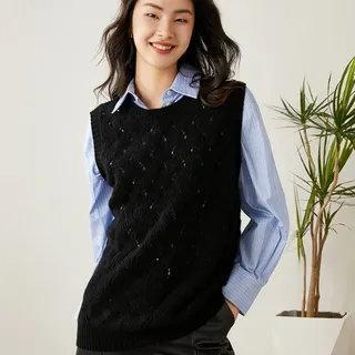 Pullunder Für Damen,Damen Pullover Weste Retro Kurz Schwarz Einfarbig Wolle Rundhals Hohle Ripple Ärmellose Pullover Gilets Preppy Style Streetwear Strickpullover Tank Top Weste