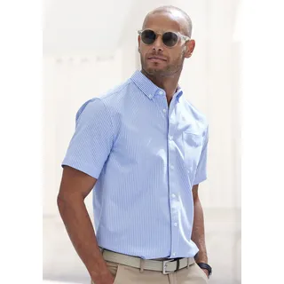 Kurzarmhemd H.I.S "Regular fit", Herren, Gr. S (37/38), N-Gr, blau (blau, weiß), Web, Obermaterial: 100% Baumwolle, gestreift, regular fit, Rundhals, abgesteppte Kante, Hemden Kurzarmhemd, Oxfordhemd kurzarm mit Button-down-Kragen aus reiner Baumwolle, Topseller