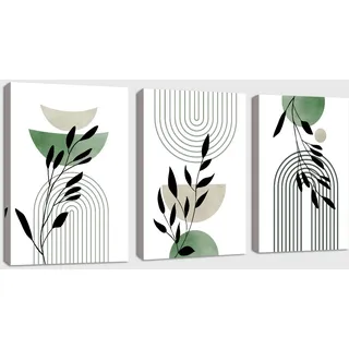 3Pcs Boho Blätter Leinwandbilder Bilder Set mit Rahmen, Aesthetic Grüne Pflanze Bilder Moderne Wandbilder Schlafzimmer Bild Auf Leinwand Kunstdruck Deko für Wohnzimmer fertig zum Aufhängen 30x40cmx3