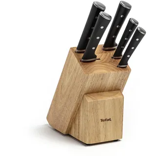 Tefal K232S5 Ice Force Messerblock aus Holz | 5 Messer | Brotmesser 20 cm | Chefmesser 20 cm | Santokumesser 18 cm | Gemüsemesser 11 cm | Tranchiermesser 9 cm | Braun/Schwarz/Edelstahl