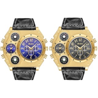 JewelryWe 2pcs Herren Armbanduhr Analog Quarz Kompass Thermometer Zwei Zeitzonen Sport Uhr mit Leder Armband und großem Digital Zifferblatt, Gold Gehäuse