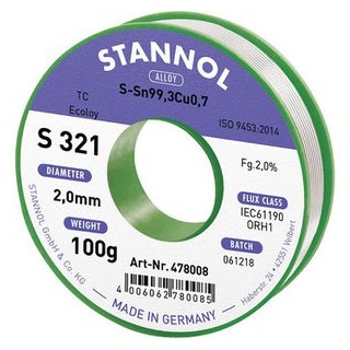 Stannol S321 2,0% 2,0MM SN99,3CU0,7 CD 100G Lötzinn, bleifrei bleifrei, Spule Sn99,3Cu0,7 ORH1 100g