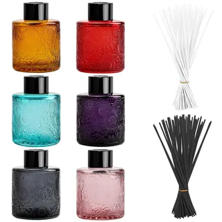 GiReich Glasdiffusorflaschen Set, Glasflaschen für Raumduft Diffusor mit 50 Stück Rattanstäbchen, Leere Diffusorflasche mit Duftstäbchen, Behälter für Ätherische Öle, Schwarz Kappen(6 Stück)