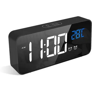 LATEC Digitaler Wecker mit Große LED Temperaturanzeige, Tischuhr mit 10 Musik, USB Ladeanschluss, 4 Helligkeit und Lautstärke Regelbar, Snooze, tragbarer Spiegelalarm mit 2 Alarmen, 12/24H, Schwarz