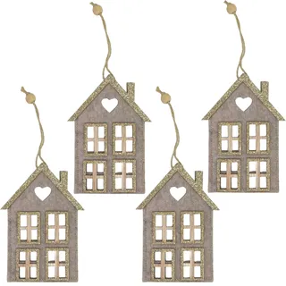 MIJOMA 4 Stück Set Weihnachtliche Filzanhänger, Wunderschön als Christbaumschmuck, für Adventsgesteck, Filz mit Holzelementen & Glitzer verziert, Schlaufe zum Anhängen (Haus 4 Fenster - beige)
