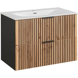 Badezimmerschrank unter waschbecken 80 cm latten eiche wotan grau + waschbecken - Grau