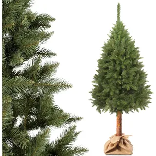 Weihnachtsbaum - Kunstfichte mit Holzstamm - Naturgetreue, taufrische Optik - 180 cm - Stabiler Standfuß - Grün - Grün, Braun