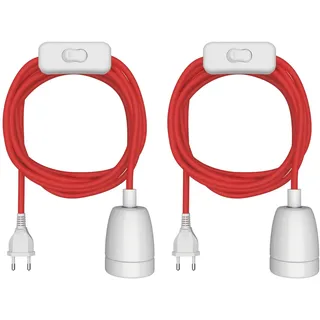 ledscom.de 2 Stück Textilkabel LEHA II, Stecker, Schalter, rot, weiß, 3 m, Porzellan-Fassung, 1x E27 max. 300W