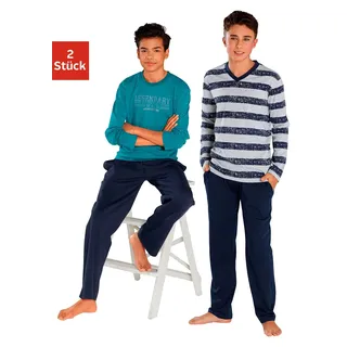 Pyjama LE JOGGER "mit Streifen und Print", Jungen, Gr. 146/152, bunt (petrol, marine, grau, meliert, marine), Jersey, Obermaterial: 100% Baumwolle, bedruckt, gestreift, Basic, lässig geschnitten lang, Rundhals, abgesteppte Kante, Homewear-Sets Pyjama, in langer Form