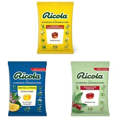 Ricola Original Kräuterzucker + Ricola Menthol Zitrone Extra Stark +Ricola Eukalyptus Kirsche