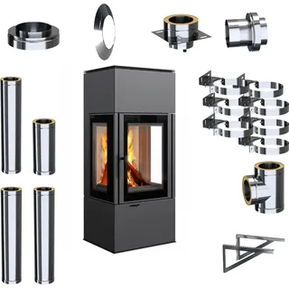 Freistehender Kaminofen KRATKI THOR VIEW 8kW Ø150 Externes Kaminset mit Türfeder - Schwarz