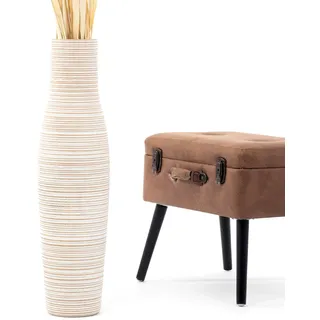Leewadee Große Deko Bodenvase Für Dekozweige, Hohe Standvase Für Pampasgras, Design Holzvase, 65 cm, Weiß