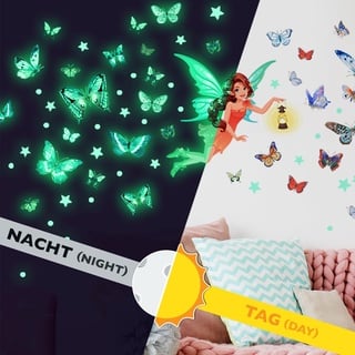 WandSticker4U®- 71 tlg. Wandtattoo Mädchen FEE & SCHMETTERLING leuchtend I Leuchtende Wandsticker Fee Leuchtsterne selbstklebend I Leuchtaufkleber Kinderzimmer Leuchtsticker Mädchen