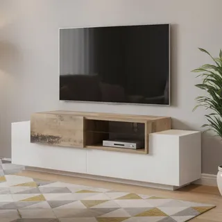Dmora - TV-Schrank Pablo, niedriges Wohnzimmer-Sideboard, Fernsehständer-Basis, 100 % Made in Italy, 160 x 45 x 51 cm, glänzendes Weiß und Ahorn,