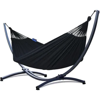 Potenza Outdoor Hängematte mit Gestell für 2 Personen I Baumwolle Doppelhängematte XXL 220x160, 200kg I Hängemattengestell 220kg, wetterfest (Schwarz, Basic Gestell Graphit)
