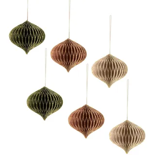 AOBKIAT Weihnachtsschmuck,6 Stück Grün,Braun Papier Hängende Ornamente | 3D Mini Papierwaben Christbaumschmuck mit Glitzerrand,für Weihnachtsbaum,Silvester,Heimdekoration