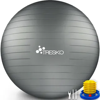 TRESKO Gymnastikball mit GRATIS Übungsposter inkl. Luftpumpe - Yogaball BPA-Frei | Sitzball Büro | Anti-Burst | 300 kg,Grau,75cm (für Körpergröße 175 - 185cm)