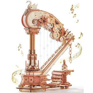 ROKR Magie Harfe 3D Holzpuzzle Spieluhr Mechanisches Kunsthandwerk Set Musik Holzmodellbausatz für Erwachsene Wohnaccessoire Geschenk für Modellbauer und Kunstliebhaber (AMK71)