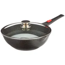 Kamberg 0008057 – Wok 30 cm – Abnehmbarer Griff – Aluminiumguss – Beschichtung in Steinoptik – Mit Glasdeckel – Für alle Herdarten, auch Induktion – PFOA‐frei, Aluminium, Schwarz