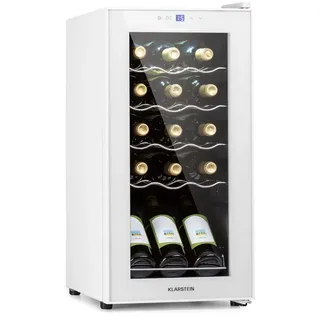 Klarstein Weinkühlschrank, 1 Zonen Getränkekühlschrank Klein, Freistehender Kleiner Weinschrank, 44L Wein-Kühlschrank mit Glastür, Indoor/Outdoor Flaschenkühlschrank, Wine Fridge 15 Slim Uno Touch-Bedienfeld 5-18°C Weißes Glas