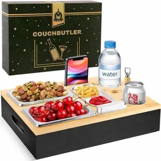 Couchbar – Multifunktions Snack- und Getränkehalter – Mit Schenkbrett, Flaschenhalter und abnehmbarem Deckel – Schwarz
