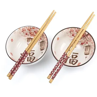 Lachineuse - Set aus 2 japanischen Kirschblüten-Schalen ⌀ 11cm - Reisschalen, Poke Bowl, Frühstück & Suppe - 2 Paar Essstäbchen - Asiatische Schale Japan Asien - Geschenk japanisches Geschirr