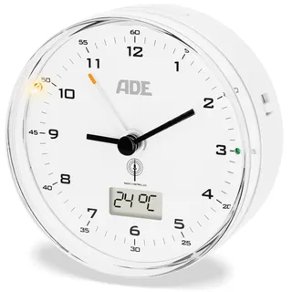 ADE Funk wecker analog ohne Ticken | Uhr mit Temperaturanzeige und Kalender | lautloser analoger Wecker mit Licht | Funkwecker mit Batterie | kleine Uhr zum Hinstellen | weiß