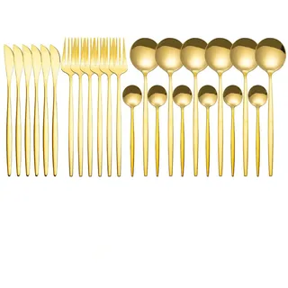 24-teiliges Gold-Besteckset für 6 Personen, aus lebensmittelechtem Edelstahl (Messer/Gabel/Löffel), hochglanzpoliert & spülmaschinengeeignet – kompakt und leicht für Haushalt/Gastronomie – Gold