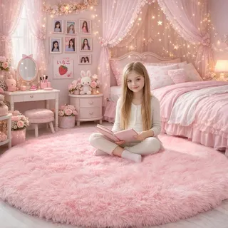 Rosafarbener runder Flauschiger Teppich -Circlebündelter Schaffell-Kreispaser Teppich für Mädchen & Jugendzimmer